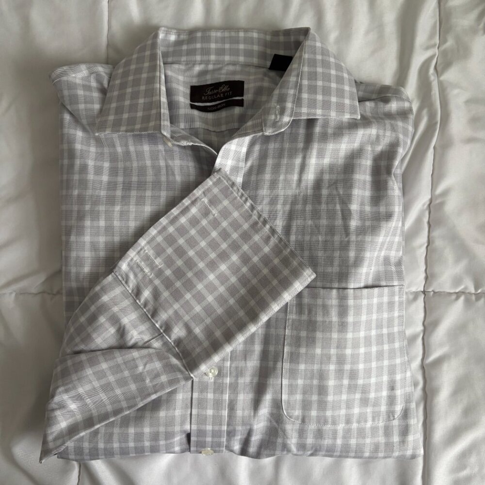 TASSO ELBA Men's Grey Gingham Long Sleeve Non-Iron Shirt Regular Fit 16.5 34/35